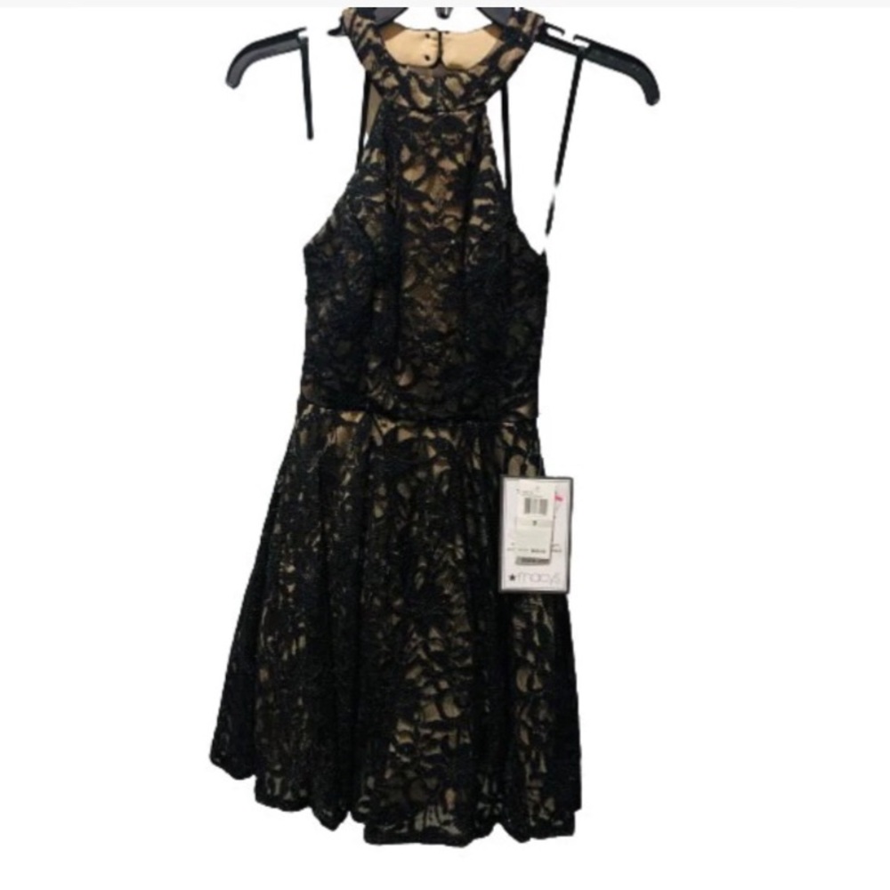 B. DARLIN Junior’s Allover-Lace Halter- Neck Fit & Flare Dress